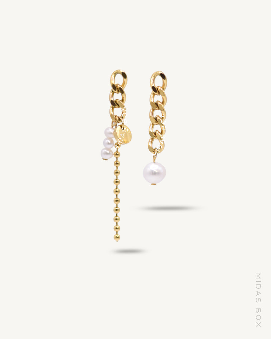 Asymmetric Cuban x Ball Link Freshwater Pearl Earrings