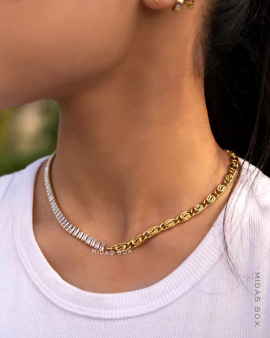 Infinity Flat Scroll Link Baguette Asymmetric Necklace