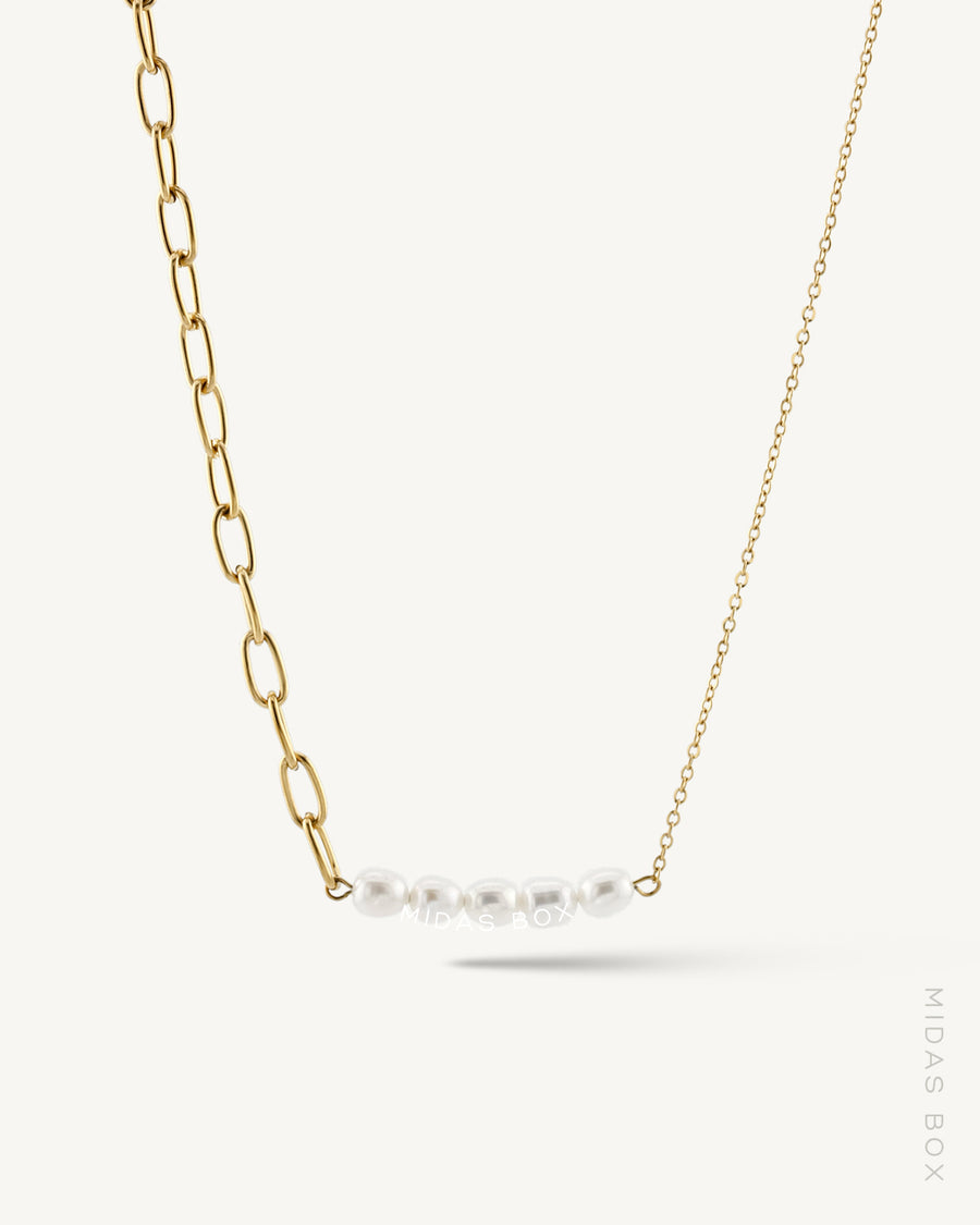 Freshwater Pearl Bar Paperclip x Rolo Asymmetric Necklace