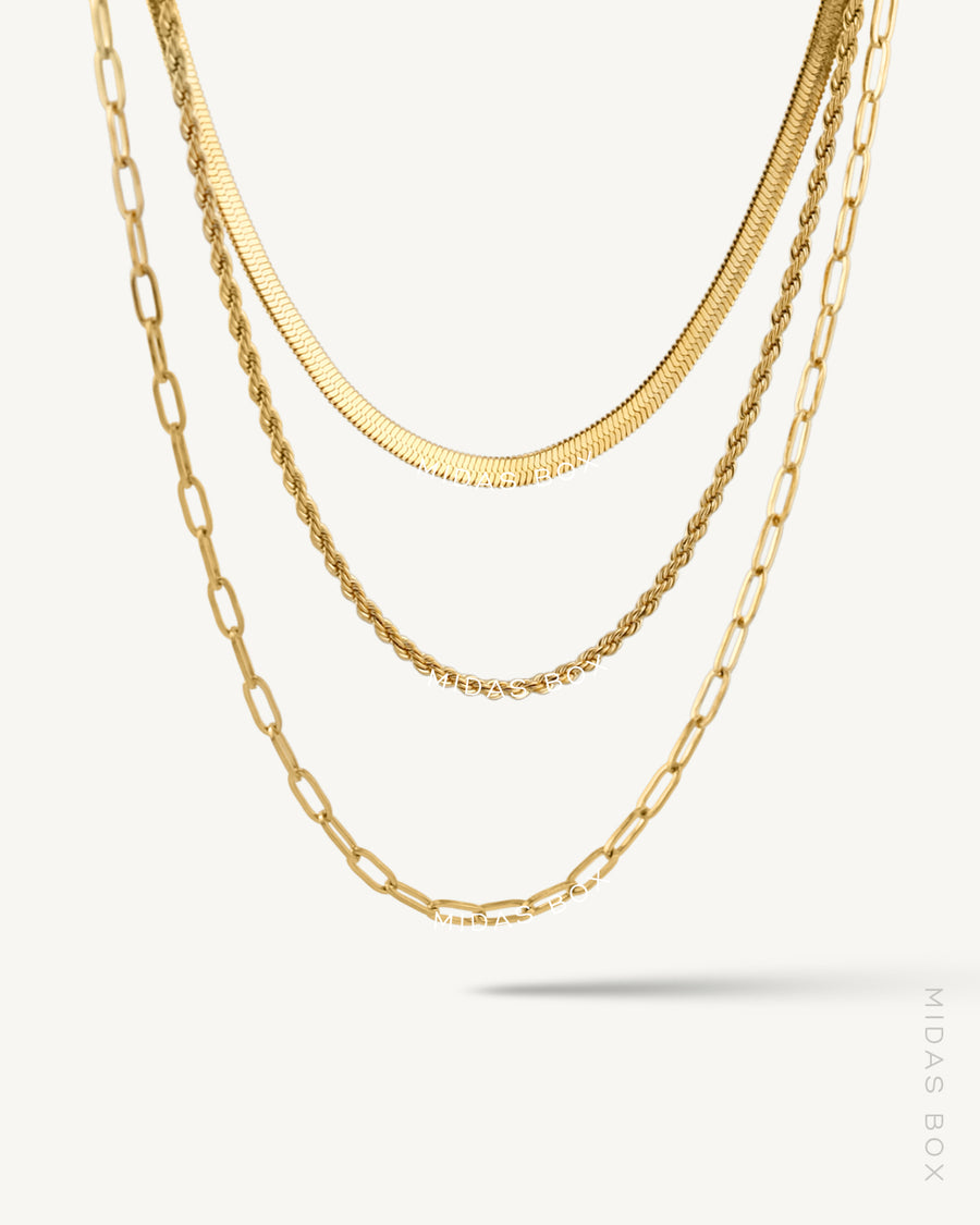 Three-Layered Herringbone x Rope x Paperclip Necklace Set